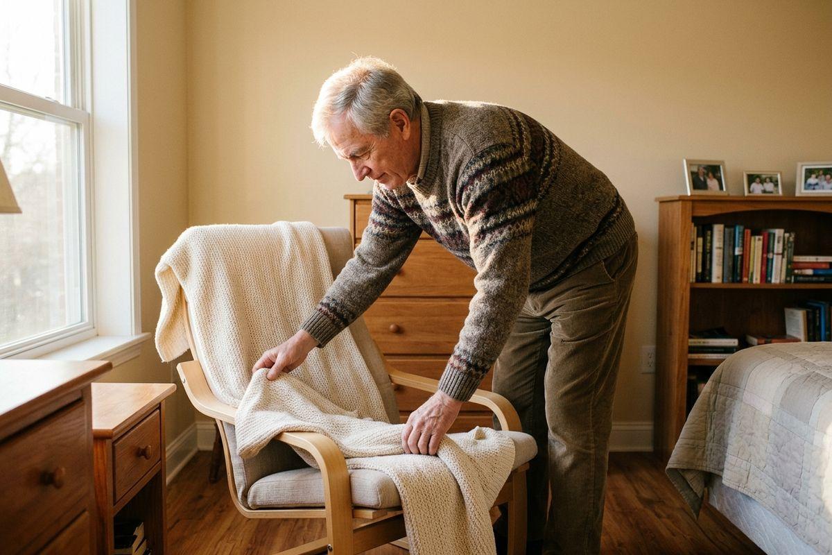 Older adult draping a knitted blanket over a wooden armchair in a sunlit bedroom.