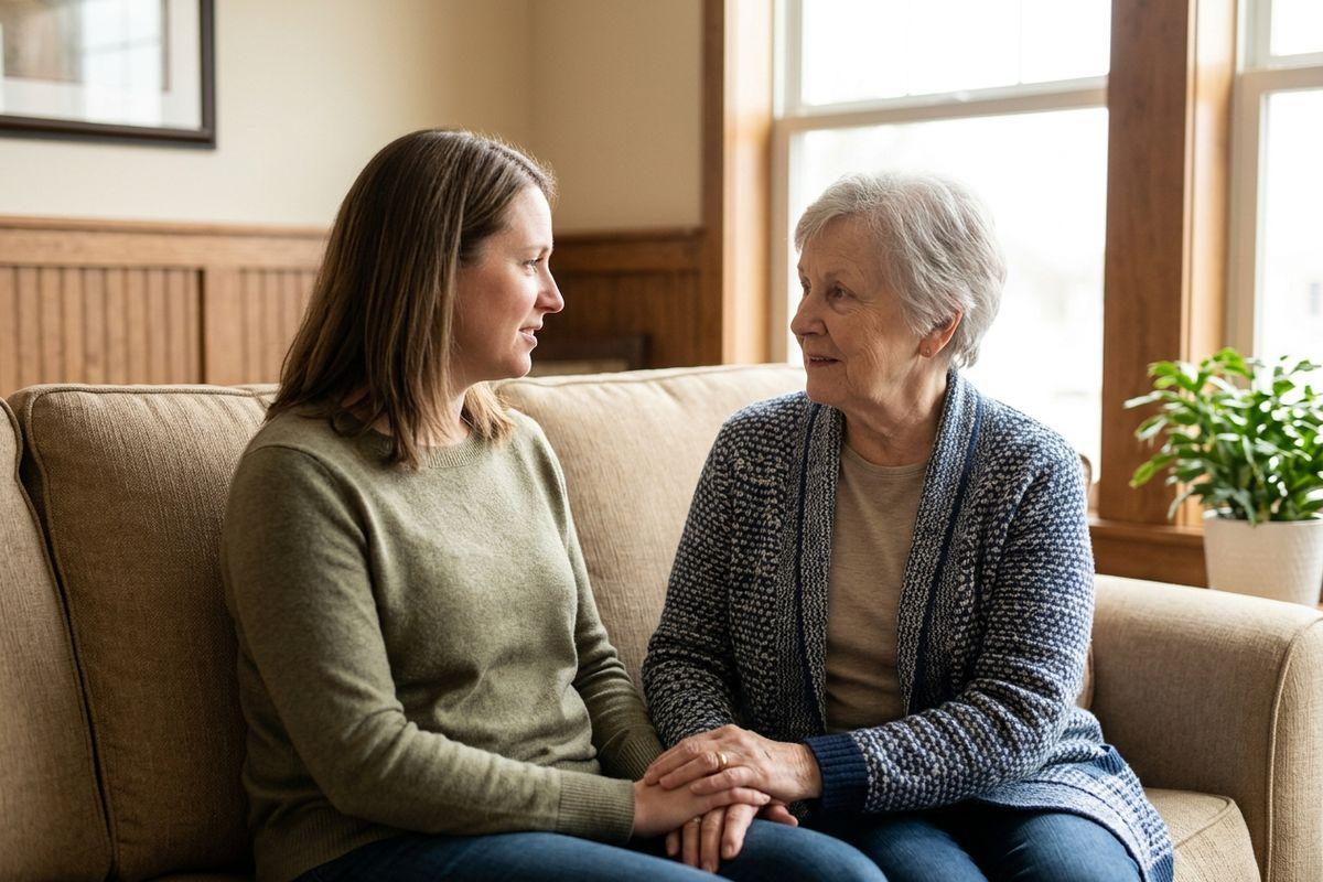 Younger and older adult sitting on a sofa, holding hands and facing each other in conversation.