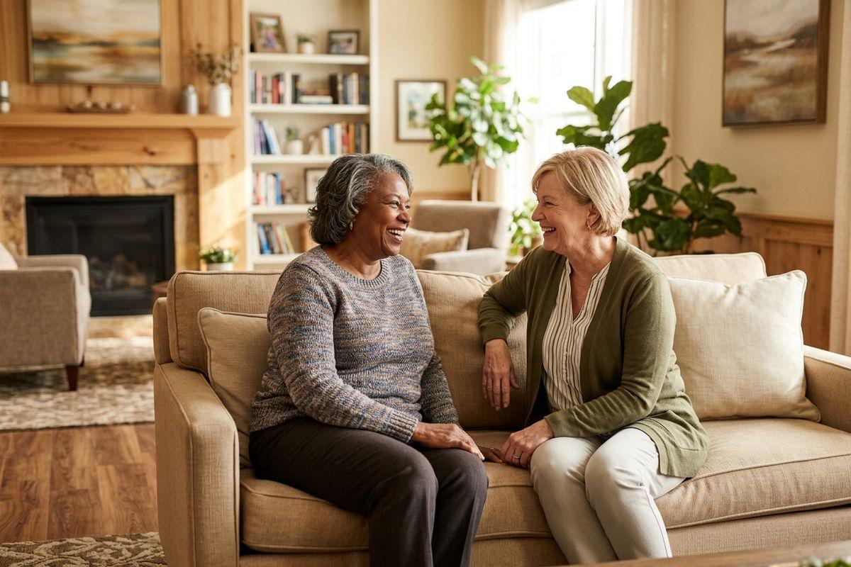 Two older adults sit smiling at each other on a beige couch in a sunlit room.