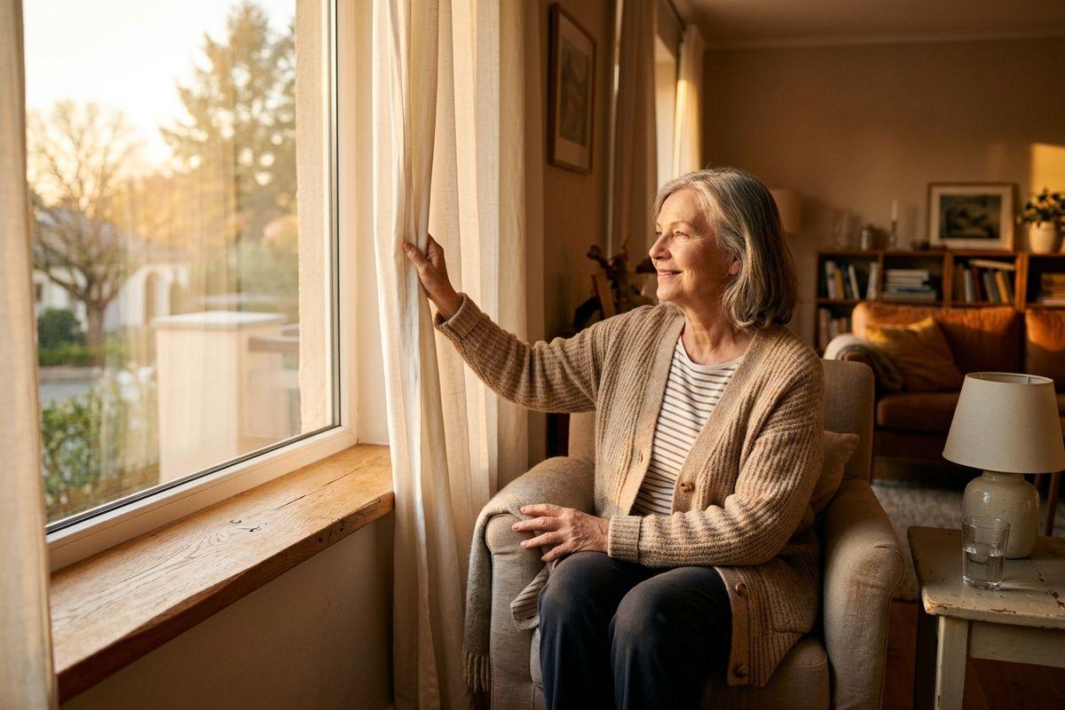 An older adult sits in an armchair and smiles, while holding back a curtain to look out the window.
